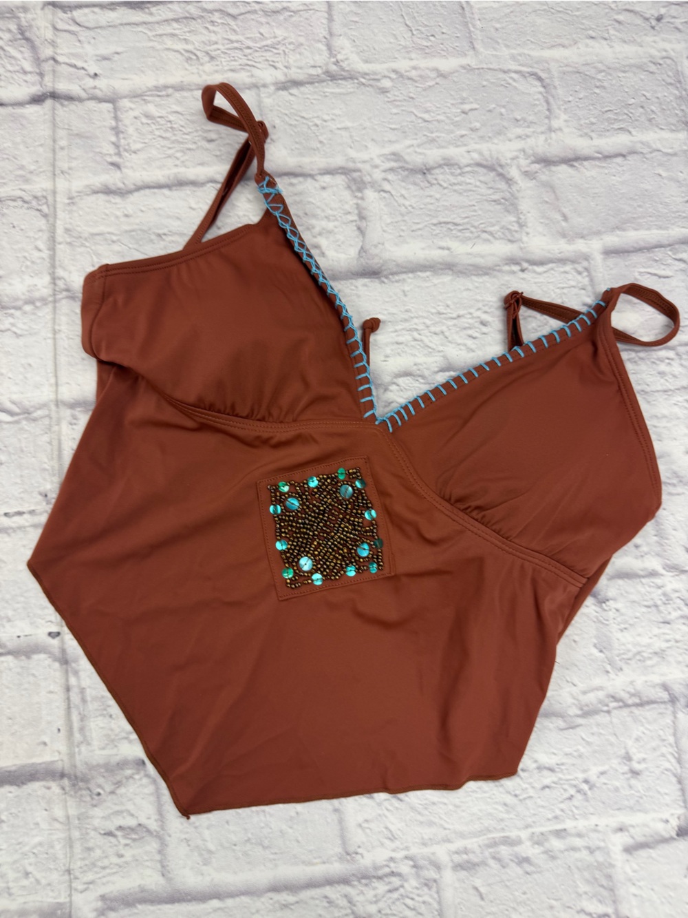Fiorucci Rust Brown Scarf Triangle Bikini Top W Beaded Details Sz XL EUC Swim
